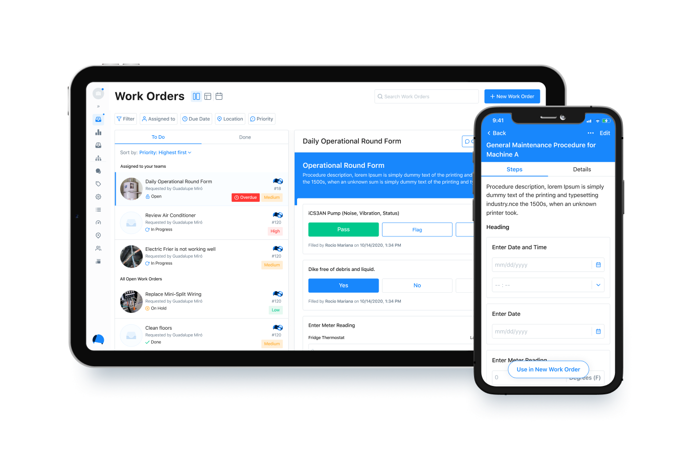 CRM Work Order Management Software showing tablet and mobile app interface