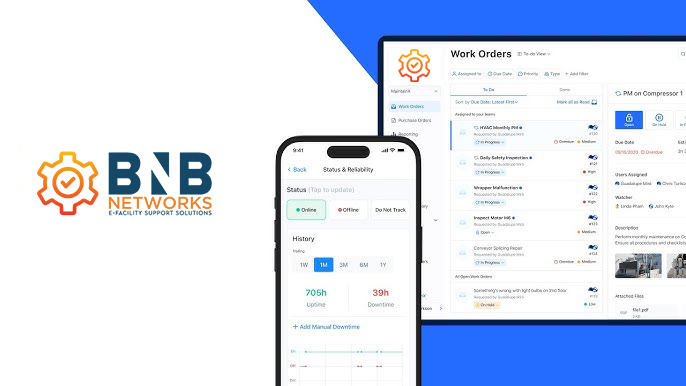 BNBNET Facility Support Solutions system showing work order dashboard and uptime tracking