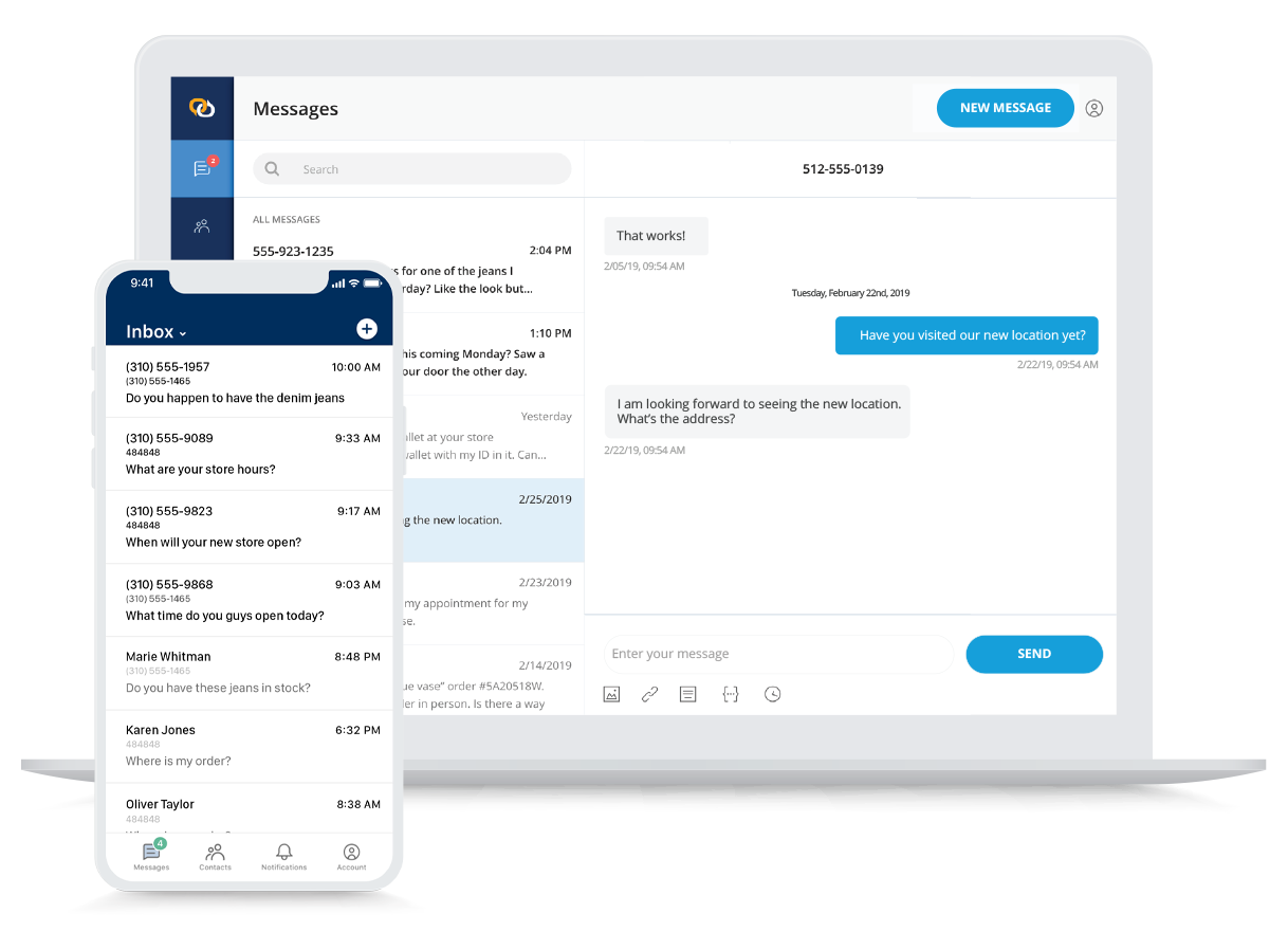 SMS Text Messaging Software System showing laptop and mobile messaging interface